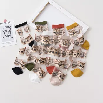 3 пары Прозрачных женских носков из хрустального шелка с милым котом, Японский котенок Каваи, женские летние носки из тонкого стекловолокна