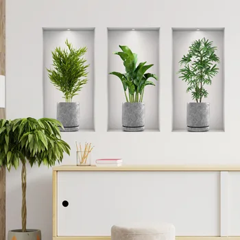 3 шт./компл. Креативные 3D наклейки на стену с искусственными зелеными растениями в горшках, декор для гостиной, кабинета, офиса, водонепроницаемые виниловые самоклеящиеся наклейки