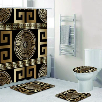 3D Роскошный Черный Золотой греческий ключ Меандр Шторы для ванной в стиле барокко, набор штор для душа, современный геометрический коврик для ванной, декор