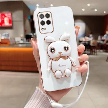 3D чехол для телефона с милым мультяшным кроликом для OPPO Realme 8 9 5G Покрытие с ремешком Роскошная складная подставка