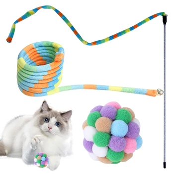 3шт Игрушек для кошек, Милый забавный красочный стержень, палочка-дразнилка, Пластиковые игрушки для домашних животных, Плюшевый радужный шар для кошек, Интерактивная палочка, принадлежности для кошек