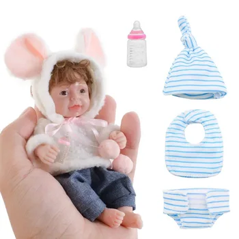 6-дюймовая силиконовая кукла Mini Baby Reborn Boy, реалистичная, с корнями волос на всем теле из силикона (мальчик-вьющиеся волосы + нагрудник)
