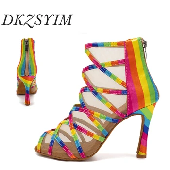 DKZSYIM/ Женская обувь для латиноамериканских танцев, бальных танго, танцевальные туфли на высоком каблуке, дышащие Красочные ослепительные танцевальные ботинки С открытыми носками, атласная сетчатая поверхность