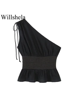 Willshela/ Женские модные Черные плиссированные асимметричные топы на шнуровке, винтажные женские кроп-топы на одно плечо, шикарные женские укороченные топы