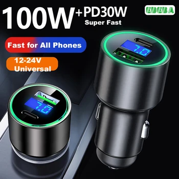 Автомобильное Зарядное Устройство PD 30W USB C с Монитором Напряжения, Адаптер Сверхбыстрой Зарядки для iPhone iPad Samsung OPPO VIVO 100W Max для Huawei