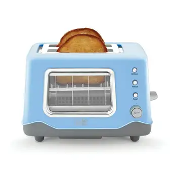 Видовое окно тостера на 2 ломтика синего цвета - размораживание, разогрев, приготовление бубликов, автоматическое отключение