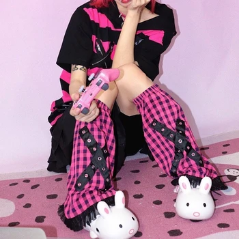 Грелка для ног в японском стиле харадзюку, носки в розово-красную клетку в стиле панк Y2K Millennium Spicy Girl, женские носки с ворсом, летний чехол для согревания ног