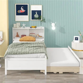 Двуспальная кровать с книжным шкафом С двумя выдвижными ящиками белого цвета Прочная Проста в сборке Подходит для мебели для спальни