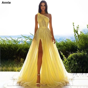 Желтое Платье Annie Shoulders 2023 Из Блестящей Органзы С Роскошными Разрезами По Бокам, Изготовленное На Заказ Платье Для Выпускного вечера