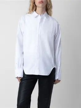 Женская блузка с вышивкой логотипа, отложной воротник, однобортная свободная белая рубашка с длинными рукавами