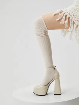 Женские осенне-весенние хлопчатобумажные носки CHAOZHU с высокой эластичностью, Однотонные, черные, Белые, серые Носки выше колена, Свободные носки Unif