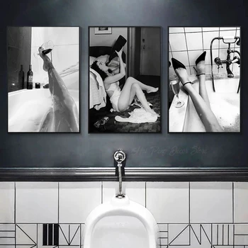 Женщина, пьющая шампанское, настенное искусство в ванной, картина на холсте, винтажный плакат, черно-белое панно для декора ванной комнаты для девочек-подростков, картина
