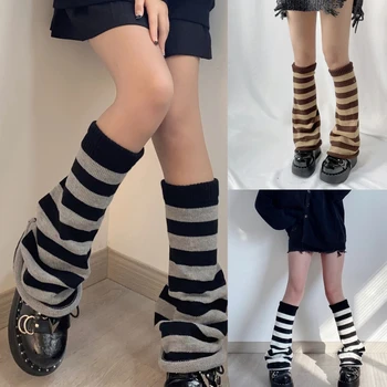 Женщины Девушки Темно-готические трикотажные гетры в рубчик Harajuku Контрастного цвета в полоску Широкие расклешенные носки для ног Прямая доставка