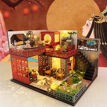 Креативность Китайский Древний Лофт DIY Деревянный кукольный Домик Миниатюрный С мебелью Световое растение Сборка Игрушек Для детей Подарки для взрослых