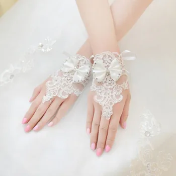 Кружевные свадебные перчатки с цветочным бантом для невест, короткие перчатки без пальцев, варежки