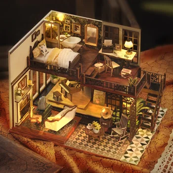 Кукольный домик Casa Penthouse Миниатюрные предметы Модель здания с мебелью Двухуровневая квартира в стиле ретро Руководство по эксплуатации BJD Кукольные домики Игрушки