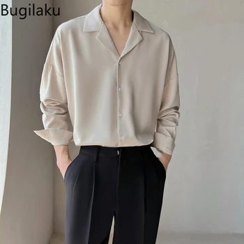 Легкая мужская одежда в зрелом стиле Bugilaku, весенние и осенние рубашки, мужские драпированные рубашки с длинными рукавами, мужская