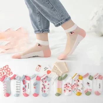 Летний корейский тонкий Харадзюку, милые носки прозрачный кристалл мультфильм Леди кружева хлопчатобумажные носки, нижнее чулки Каваи женский 