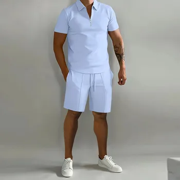 Летний мужской спортивный костюм, тонкая рубашка поло с коротким рукавом и спортивные шорты, комплект из 2 предметов, однотонная повседневная мужская спортивная одежда для бега трусцой