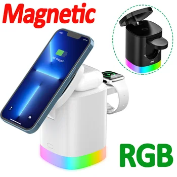 Магнитная Подставка Для Беспроводного Зарядного Устройства 3 в 1 с RGB Подсветкой, Станция Быстрой Зарядки Телефона Для iPhone 14 13 12 Pro Max AirPods Pro iWatch 8 7