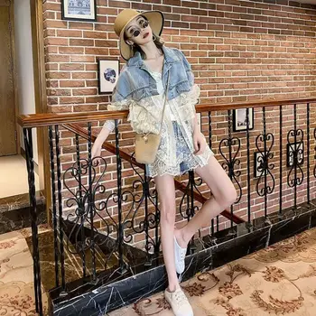 Модное женское весенне-осеннее джинсовое кружевное пальто в стиле пэчворк