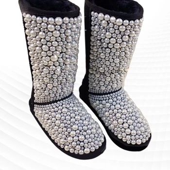 Модные зимние ботинки с жемчугом и стразами, утолщенная теплая нескользящая популярная женская хлопчатобумажная обувь