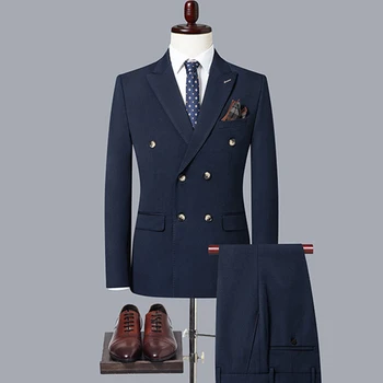 Модный Новый мужской повседневный бутик 2023, Двубортный однотонный деловой костюм, пиджак, брюки, комплект из 2 предметов, Блейзеры, пальто
