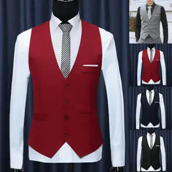 Модный офисный мужской однотонный блейзер без рукавов с V-образным вырезом и пуговицами, мужской официальный деловой жилет, Тонкий однобортный костюм, жилеты