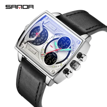 Мужские кварцевые часы SANDA с большим циферблатом, многофункциональные часы с тремя часами, водонепроницаемые наручные часы LED Digital Luminou, мужские Relogio Masculino