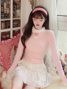 Новая японская Розовая блузка Sweet Lolita, женская зимняя теплая вязаная блузка Kawaii, Женские топы с длинными рукавами, одежда в корейском стиле.