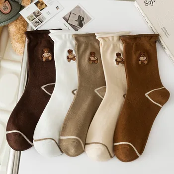 Носки Детские носки средней длины с вышитым двойной иглой медвежонком, осенне-зимние японские милые трендовые студенческие носки