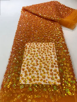 Оранжевая роскошная кружевная ткань, расшитая бисером, с блестками, Африканская кружевная ткань 2023 года высокого качества для свадебного шитья