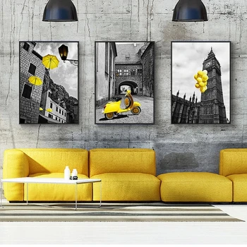 Пейзаж в скандинавском желтом стиле, холст, настенная живопись, черно-белый фон, пейзаж, декор для гостиной