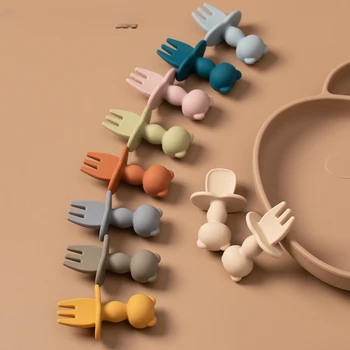 Пищевая детская Мягкая Силиконовая посуда для кормления малышей Набор мини-вилок-ложек с Мультяшной Пандой Детские Аксессуары