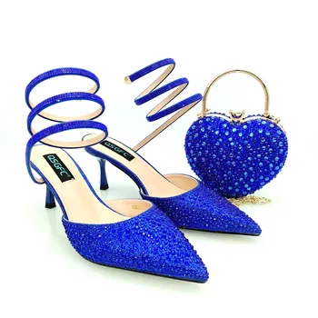 Покажите очаровательные туфли и сумку в комплекте с синими итальянскими туфлями и сумкой, хит продаж, для свадебной вечеринки!   HRF1-30