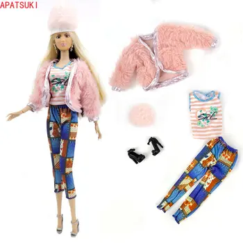 Розовая шуба Комплект одежды для куклы Барби Зимние модные наряды Брюки Шляпа Обувь для кукол 1/6 BJD Аксессуары Детские игрушки своими руками