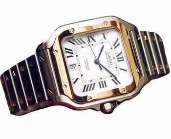 Роскошные мужские автоматические механические часы, белый Римский золотой безель, Сапфировый браслет из нержавеющей стали, Квадратный календарь