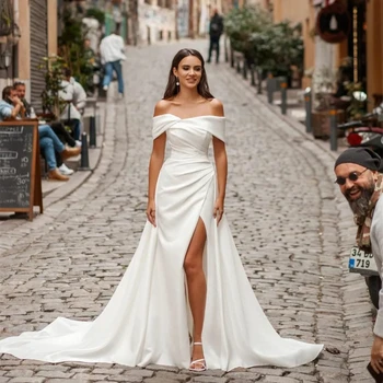 Свадебные платья Русалки из белого крепа с открытыми плечами, Атласное свадебное платье со съемным шлейфом, свадебное платье с разрезом сбоку, Vestidos de Novia