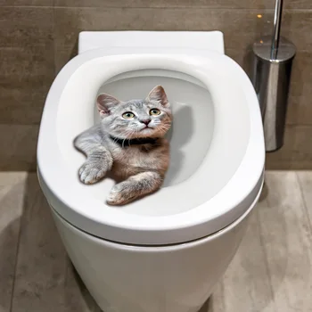 Симпатичная 3D наклейка на кошачий туалет, наклейка на крышку унитаза в ванной, 3D наклейки на стены, аксессуары для туалета с животными, забава для украшения ванной комнаты