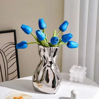 Скандинавская серебряная ваза, плиссированная сумка, современные керамические вазы для цветов, декор для домашнего стола, веревочный горшок для растений, украшения для гостиной