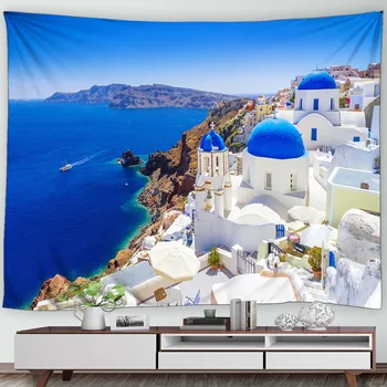 Средиземноморский гобелен, греческая сине-белая архитектура, Островной пейзаж океана, декор дома, гостиной, общежития, сад, висящий на стене