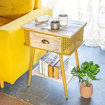 Стол с 1 выдвижным ящиком, приставной столик для дивана из массива дерева, тумбочка для хранения в спальне, Простая сборка мебели в деревенском стиле (золото)