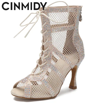 Танцевальная обувь CINMIDY, Сексуальные ботинки для бальных танцев, обувь для джазовых танцев на шесте, Обувь для латиноамериканских танцев, Женская обувь из сетчатого материала на высоком каблуке 7,5 см