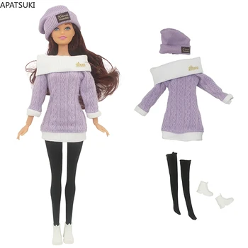 Фиолетовая Ручная одежда для куклы Барби, вязаные свитера, платья, Чулки, Обувь, шляпа, Подарки для девочек, детские игрушки
