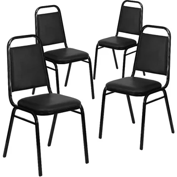 Флэш-мебель 4 комплекта серии HERCULES Банкетный стул с трапециевидной спинкой в черном винилово-черном каркасе