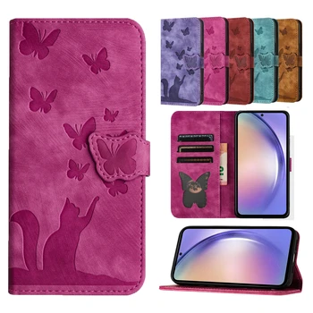 Чехол-книжка с милым котом и бабочкой для Samsung Galaxy A14 A24 A34 A54 A53 A33 A23 A13 A04 A03S M13 M23 5G Кожаный чехол-бумажник
