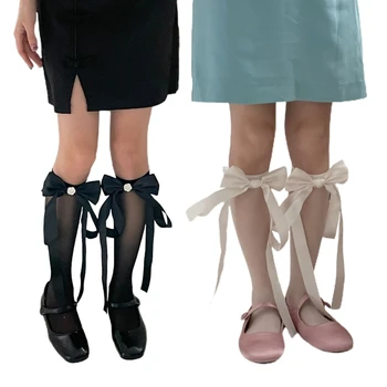 Шелковые длинные сетчатые носки в балетном стиле с кружевными бантиками для летнего ношения